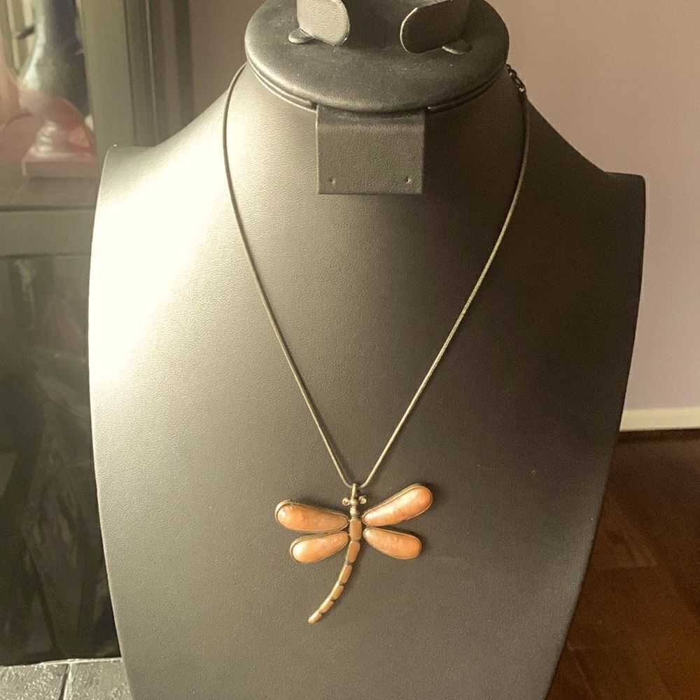 Vintage Dragonfly Necklace, in Antiqued Gold tone, Unmarked